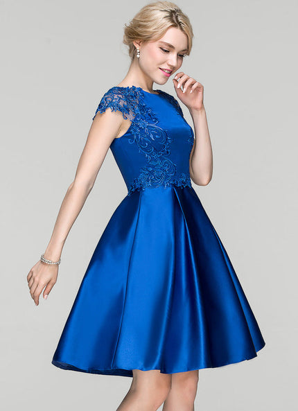 Robe de Soirée Longue Bleue Satin Dentelle Cocktail