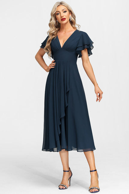 Robe de Soirée Longue Bleue Mousseline À Volants - gallery 1