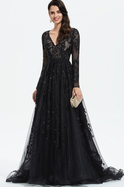 Robe Longue Noire Dentelle Paillettes Soirée - gallery 8