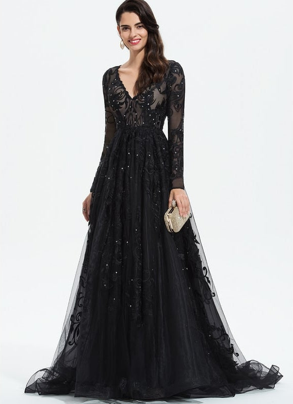 Robe Longue Noire Dentelle Paillettes Soirée - gallery 8