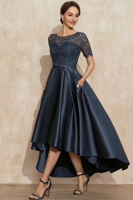 Robe de Soirée Longue Bleu Satiné Dentelle. - gallery 3