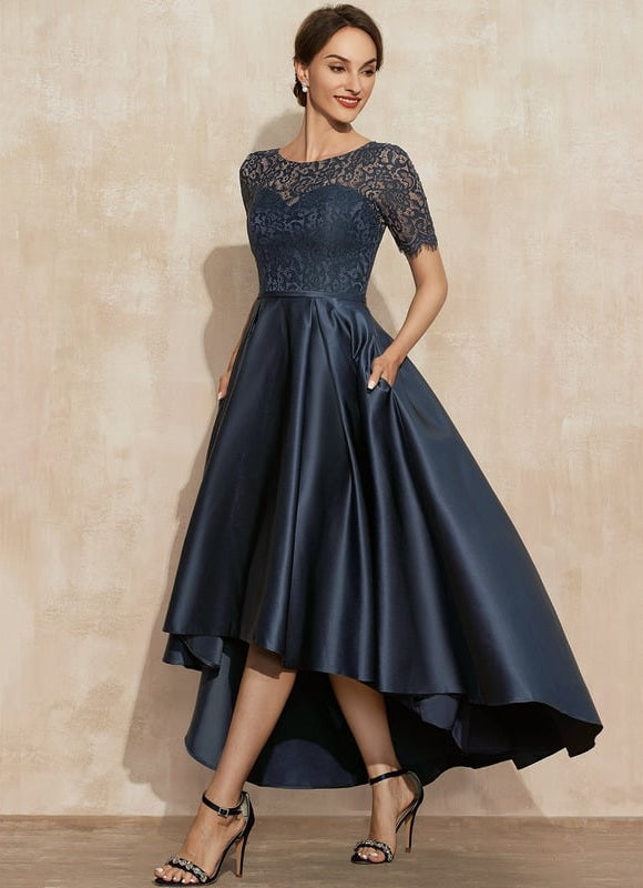 Robe de Soirée Longue Bleu Satiné Dentelle. - gallery 3