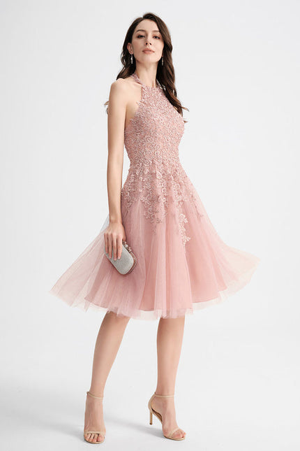 Robe de Soirée Longue Rose Dentelle Tulle Bal De Promo - gallery 1