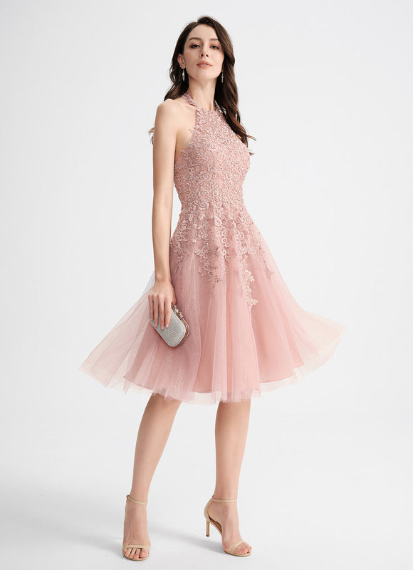 Robe de Soirée Longue Rose Dentelle Tulle Bal De Promo - gallery 1