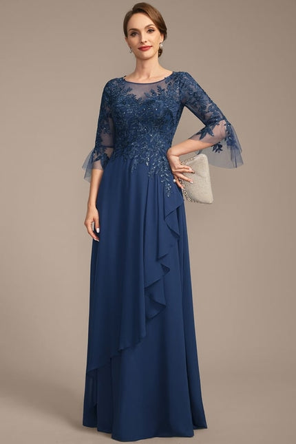 Robe de Soirée Longue Bleu Marine Dentelle Mousseline Volants