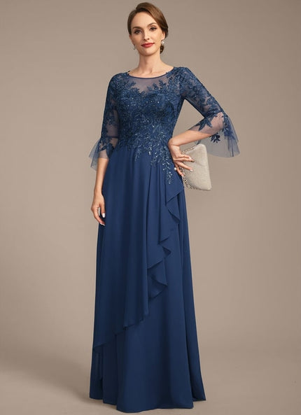 Robe de Soirée Longue Bleu Marine Dentelle Mousseline Volants