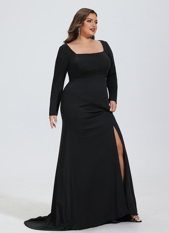 Robe Longue Noire Jersey Soirée Avec Traîne - gallery 8
