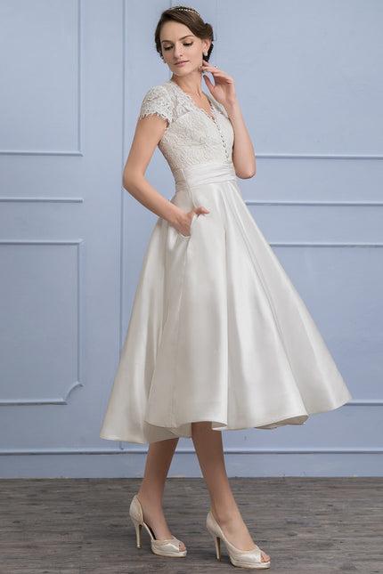 Robe de Soirée Longue Blanche En Satin Et Dentelle - gallery 2