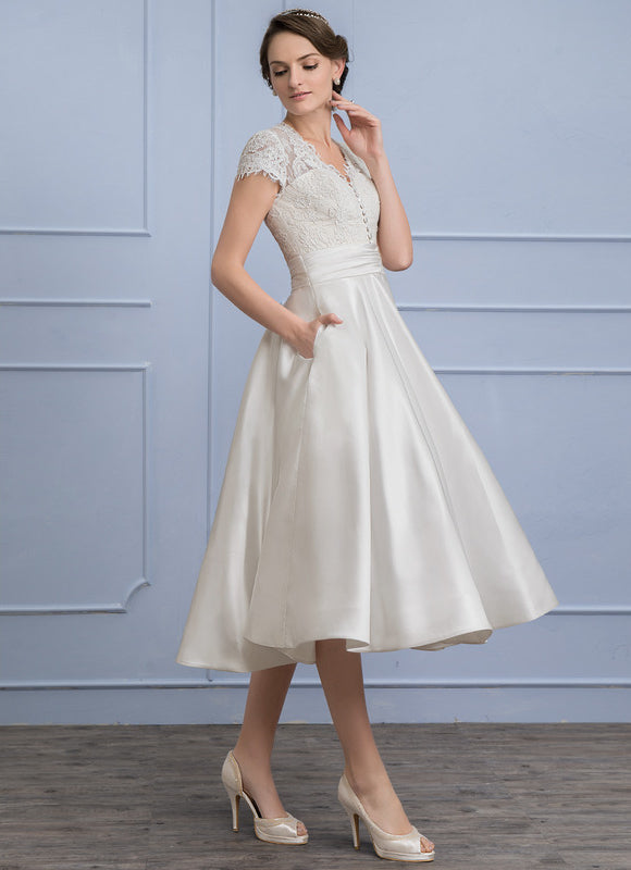 Robe de Soirée Longue Blanche En Satin Et Dentelle - gallery 2