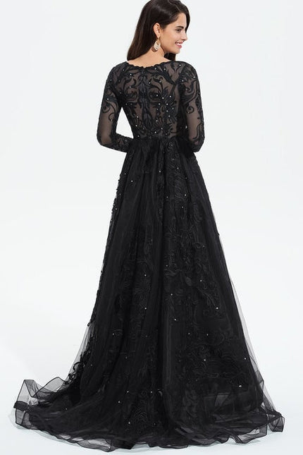 Robe Longue Noire Dentelle Paillettes Soirée - gallery 9