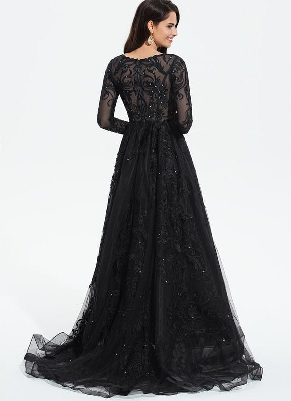 Robe Longue Noire Dentelle Paillettes Soirée - gallery 9