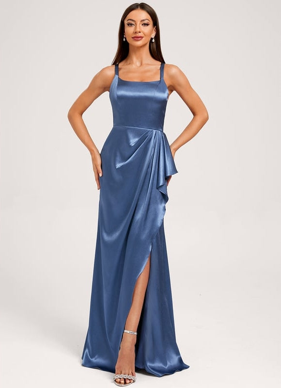 Robe de Soirée Satin Bleu Élégant