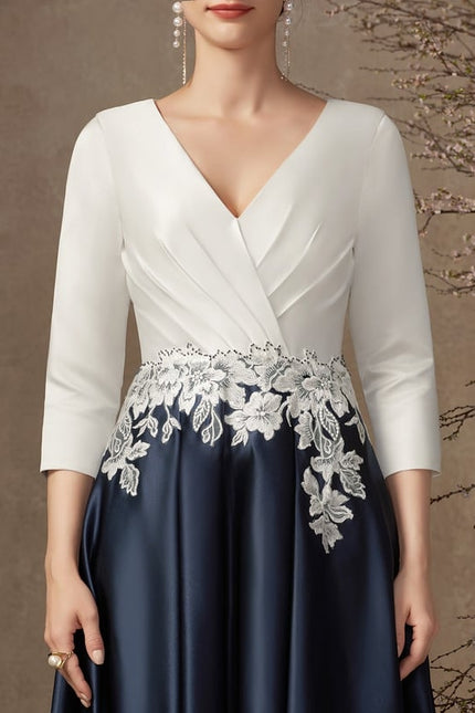 Robe de Soirée Longue Blanche Et Bleue Satin À Dentelle - gallery 5