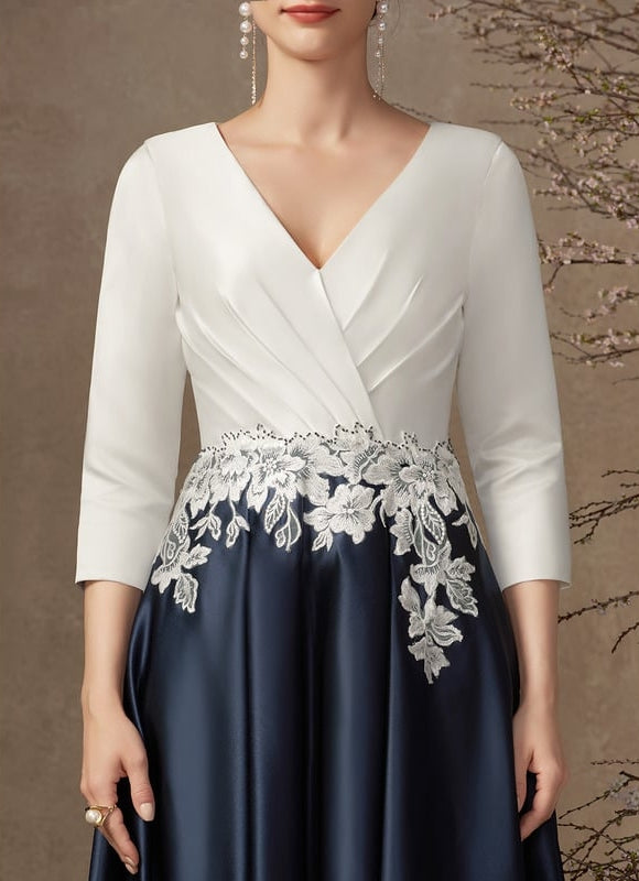 Robe de Soirée Longue Blanche Et Bleue Satin À Dentelle - gallery 5