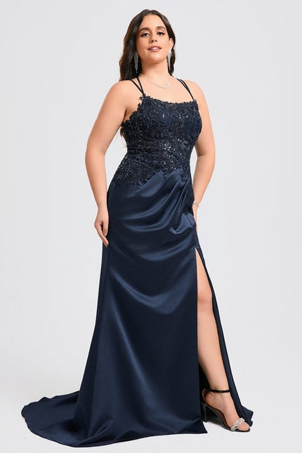 Robe Longue Bleue Satin Dentelle Paillettes Soirée - gallery 8