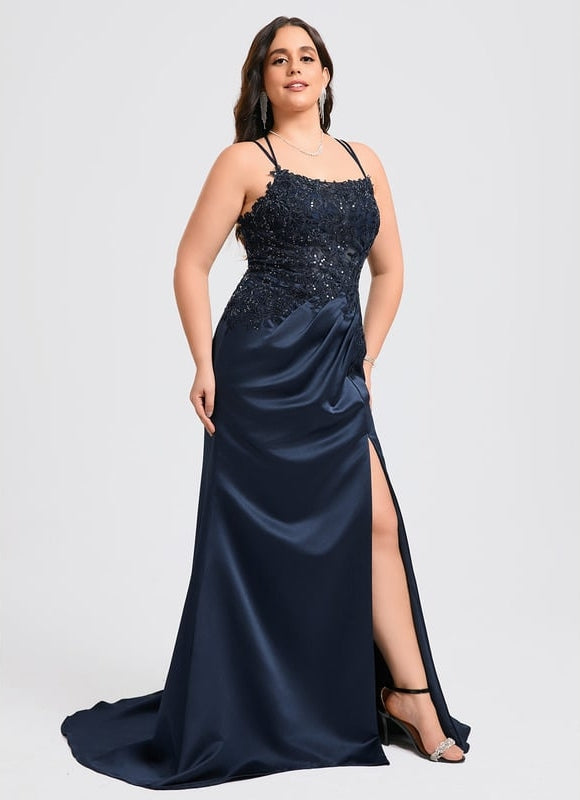 Robe Longue Bleue Satin Dentelle Paillettes Soirée - gallery 8