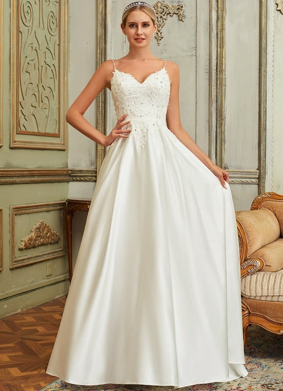Robe de Soirée Longue Mariée Satin Dentelle Perles Blanche - gallery 1