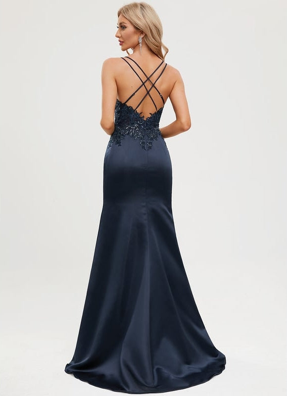 Robe Longue Bleue Satin Dentelle Paillettes Soirée - gallery 5