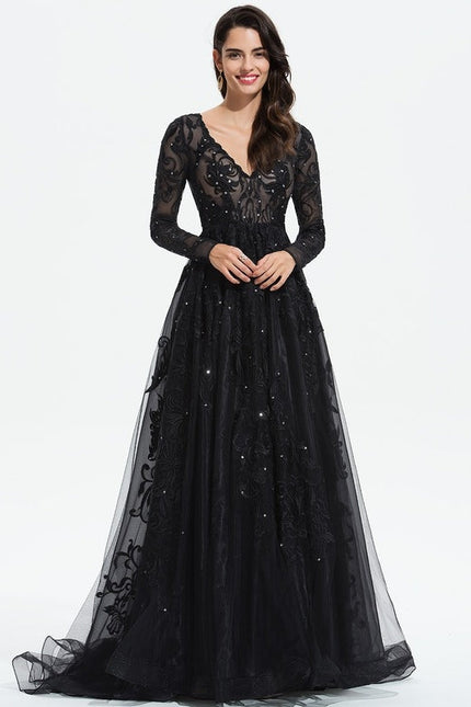 Robe Longue Noire Dentelle Paillettes Soirée - gallery 1