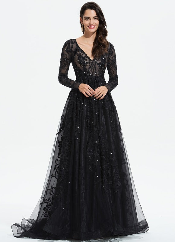 Robe Longue Noire Dentelle Paillettes Soirée - gallery 1
