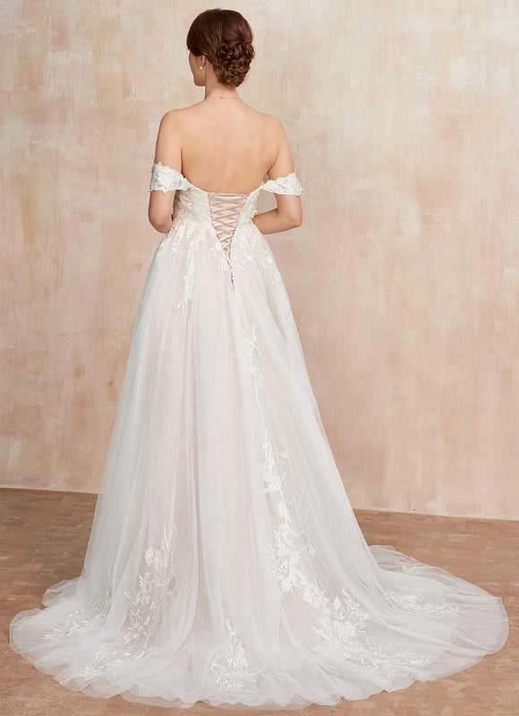 Robe de Soirée Longue Blanche Princesse Tulle Dentelle Mariée - gallery 9