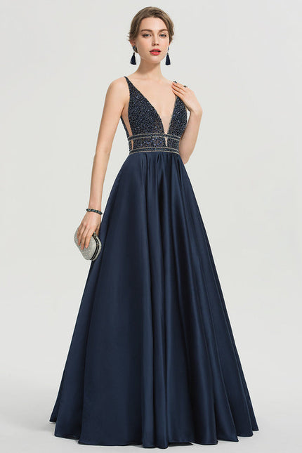Robe de Soirée Longue Bleue Princesse Perles Paillettes