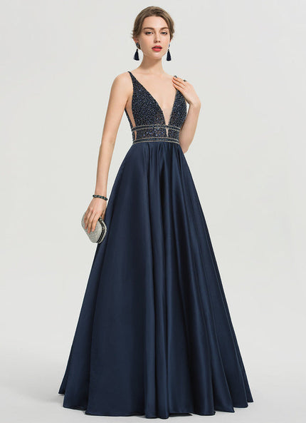 Robe de Soirée Longue Bleue Princesse Perles Paillettes