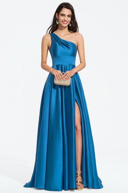 Robe Longue Bleu Satin Balayeuse Bal De Soirée - gallery 1