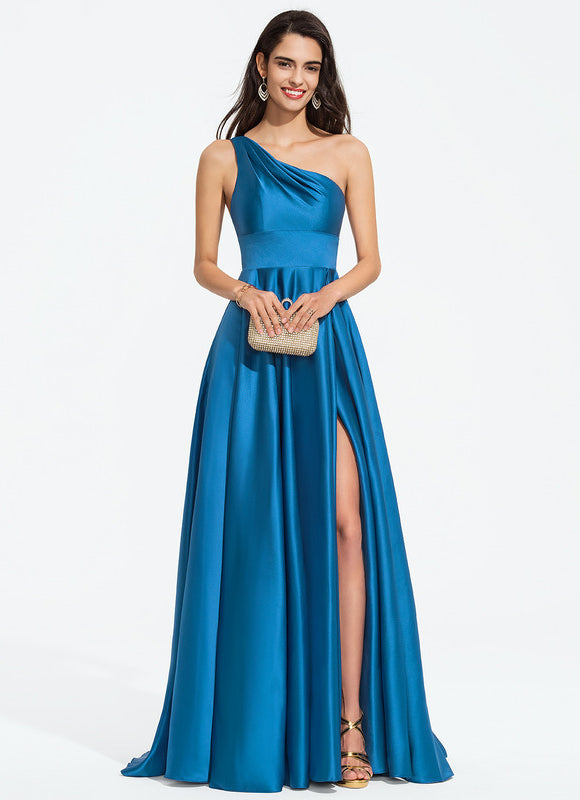 Robe Longue Bleu Satin Balayeuse Bal De Soirée - gallery 1
