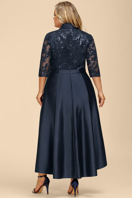 Robe de Soirée Longue Bleu Satin Dentelle Paillettes - gallery 8