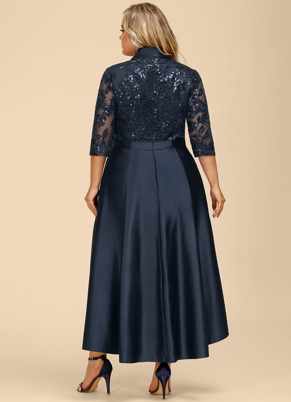 Robe de Soirée Longue Bleu Satin Dentelle Paillettes - gallery 8