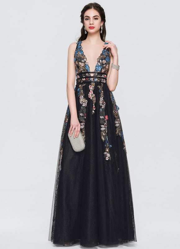 Robe de Soirée Fleurie Noire - gallery 1