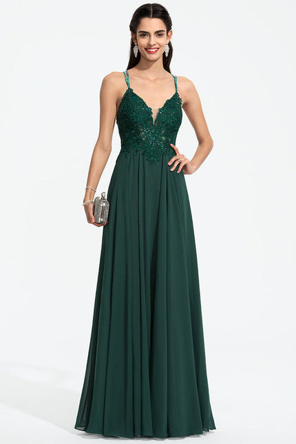 Robe Longue Vert Mousseuline Élégante Soirée - gallery 3