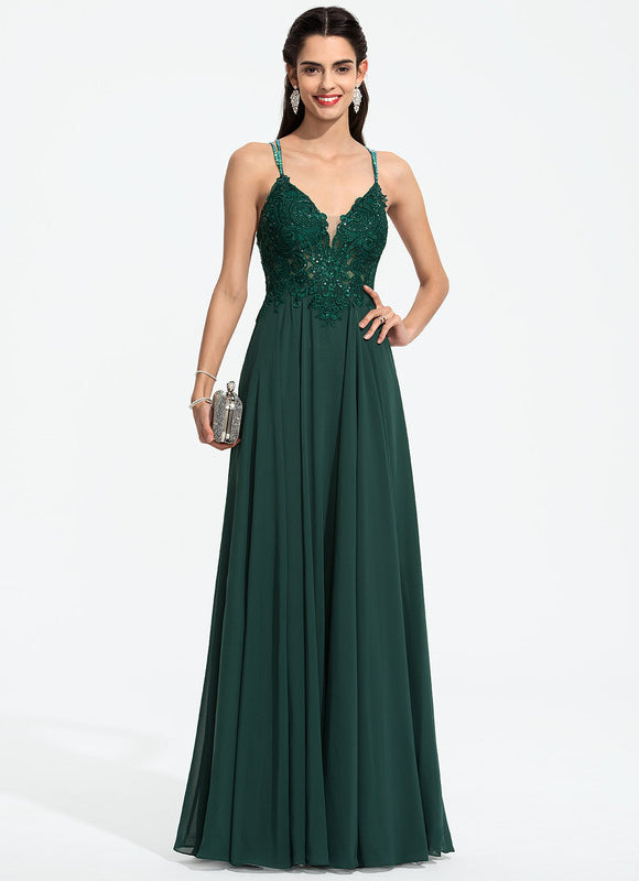 Robe Longue Vert Mousseuline Élégante Soirée - gallery 3