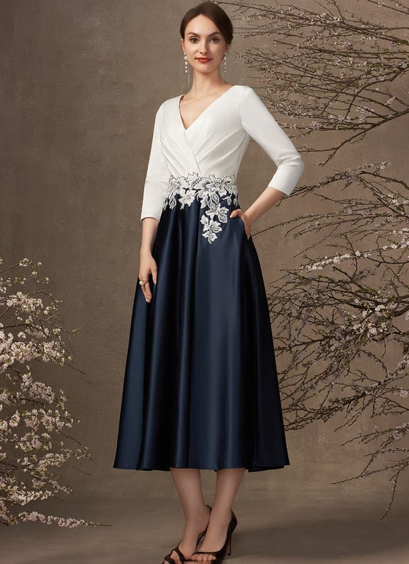 Robe de Soirée Longue Blanche Et Bleue Satin À Dentelle