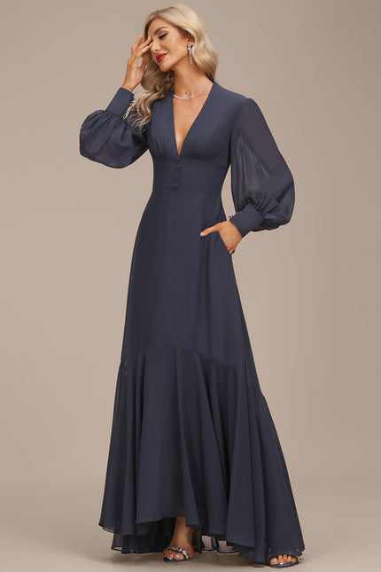 Robe de Soirée Longue Bleue En Mousseline Asymétrique - gallery 4