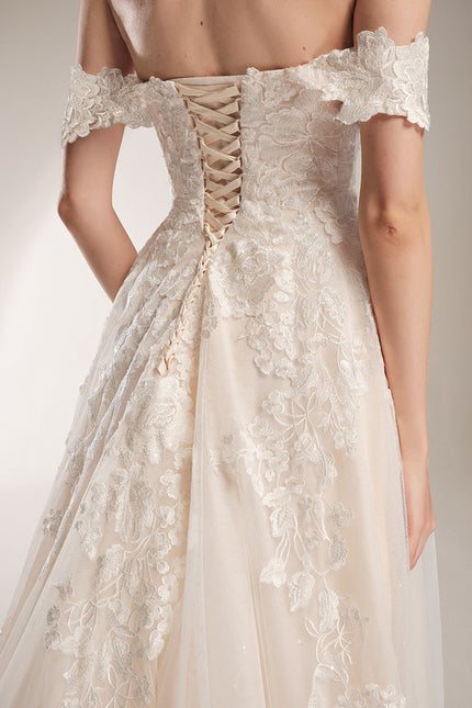 Robe de Soirée Longue Blanche Mariage Dentelle Epaule Dénudée - gallery 2