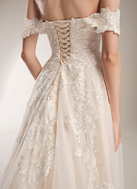 Robe de Soirée Longue Blanche Mariage Dentelle Epaule Dénudée - gallery 2