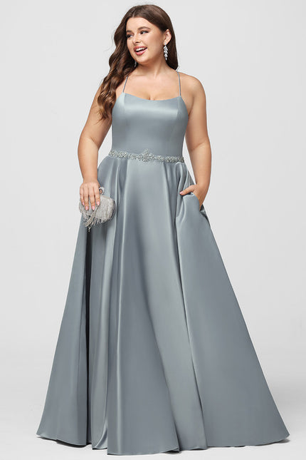 Robe de Soirée Longue Bleu Satin Strass Bal - gallery 7