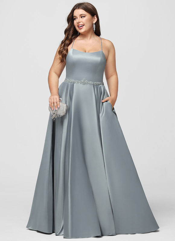 Robe de Soirée Longue Bleu Satin Strass Bal - gallery 7