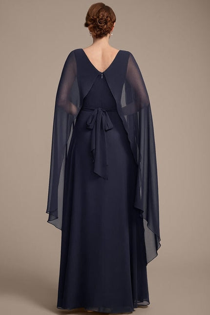Robe de Soirée Longue Bleue En Mousseline Avec Nœud Plissé - gallery 6