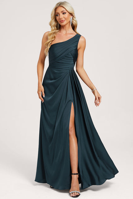 Robe de Soirée Longue Bleu Satin Décolleté Asymétrique