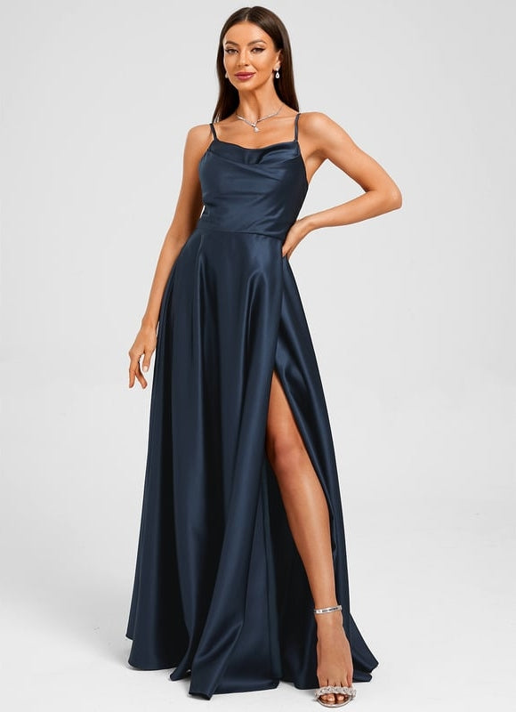 Robe de Soirée Satin Marine Élégante - gallery 4