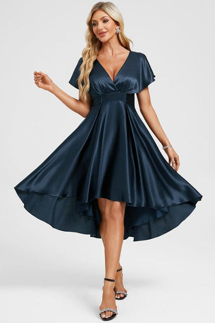 Robe de Soirée Satin Asymétrique Marine - gallery 3