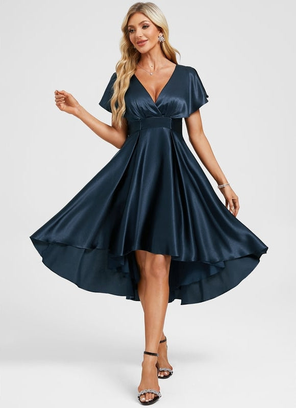 Robe de Soirée Satin Asymétrique Marine - gallery 3