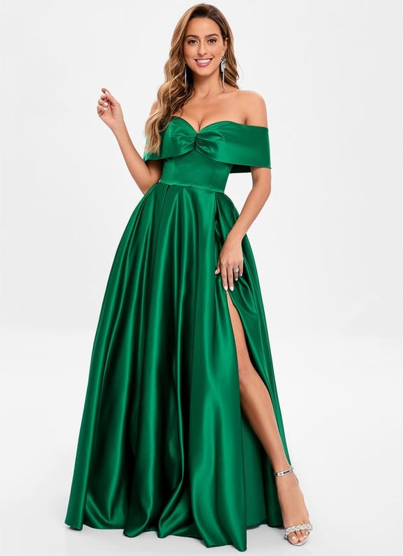 Robe de Soirée Longue Verte Satin Princesse Épaule Dénudée - gallery 3