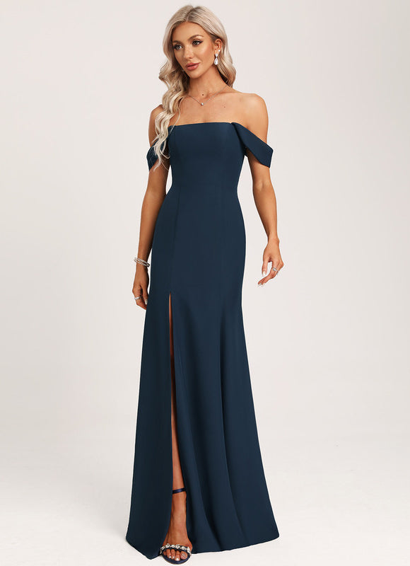 Robe de Soirée Longue Bleue Sirène Épaules Dénudées - gallery 2