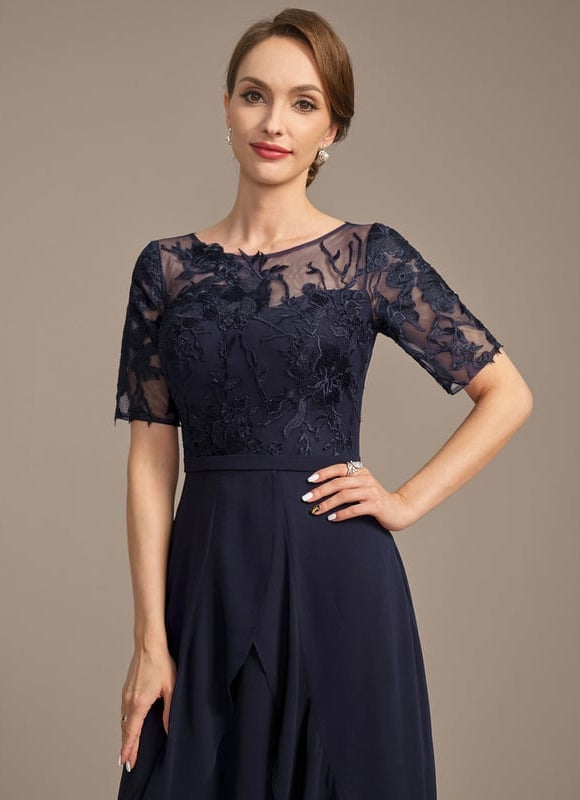 Robe de Soirée Longue Bleu Marine En Dentelle Et Mousseline - gallery 1