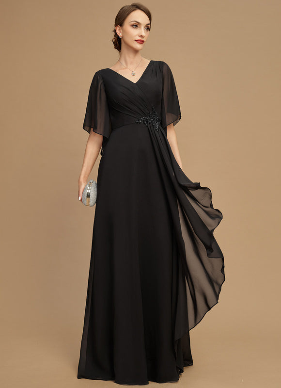 Robe de Soirée Longue Noire Mousseline Volants Paillettes