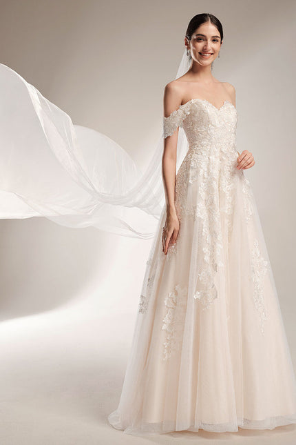 Robe de Soirée Longue Blanche Mariage Dentelle Epaule Dénudée